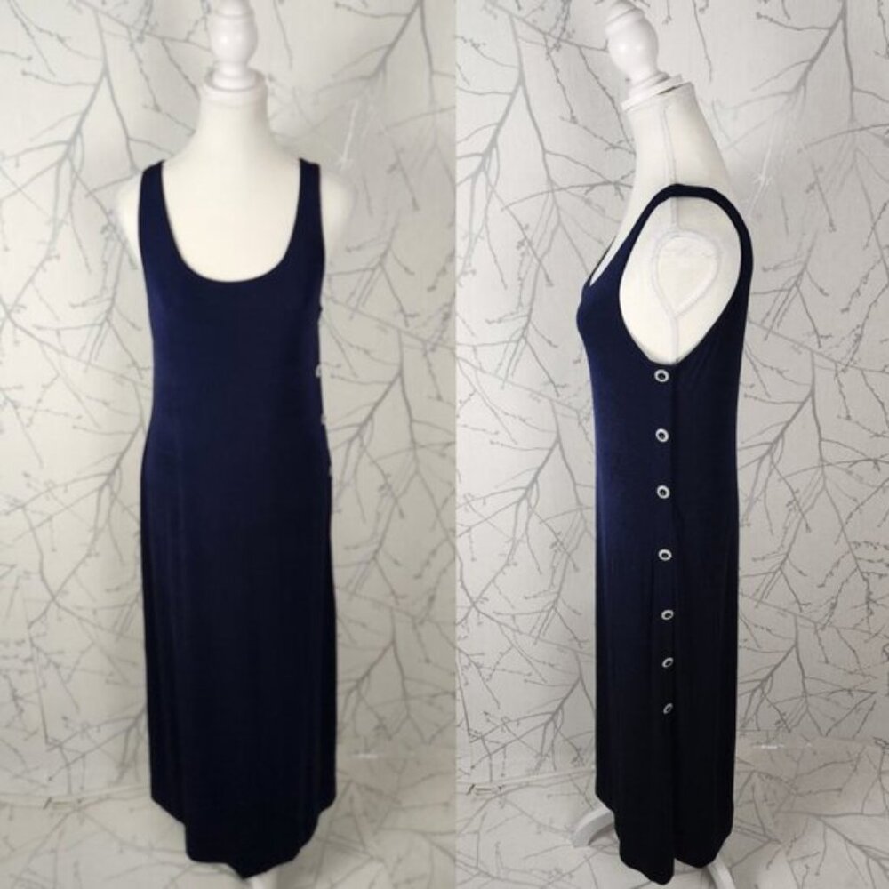 Ell Jay VTG Navy Stretch Knit Button Up Side Scoop Neck Maxi Dress